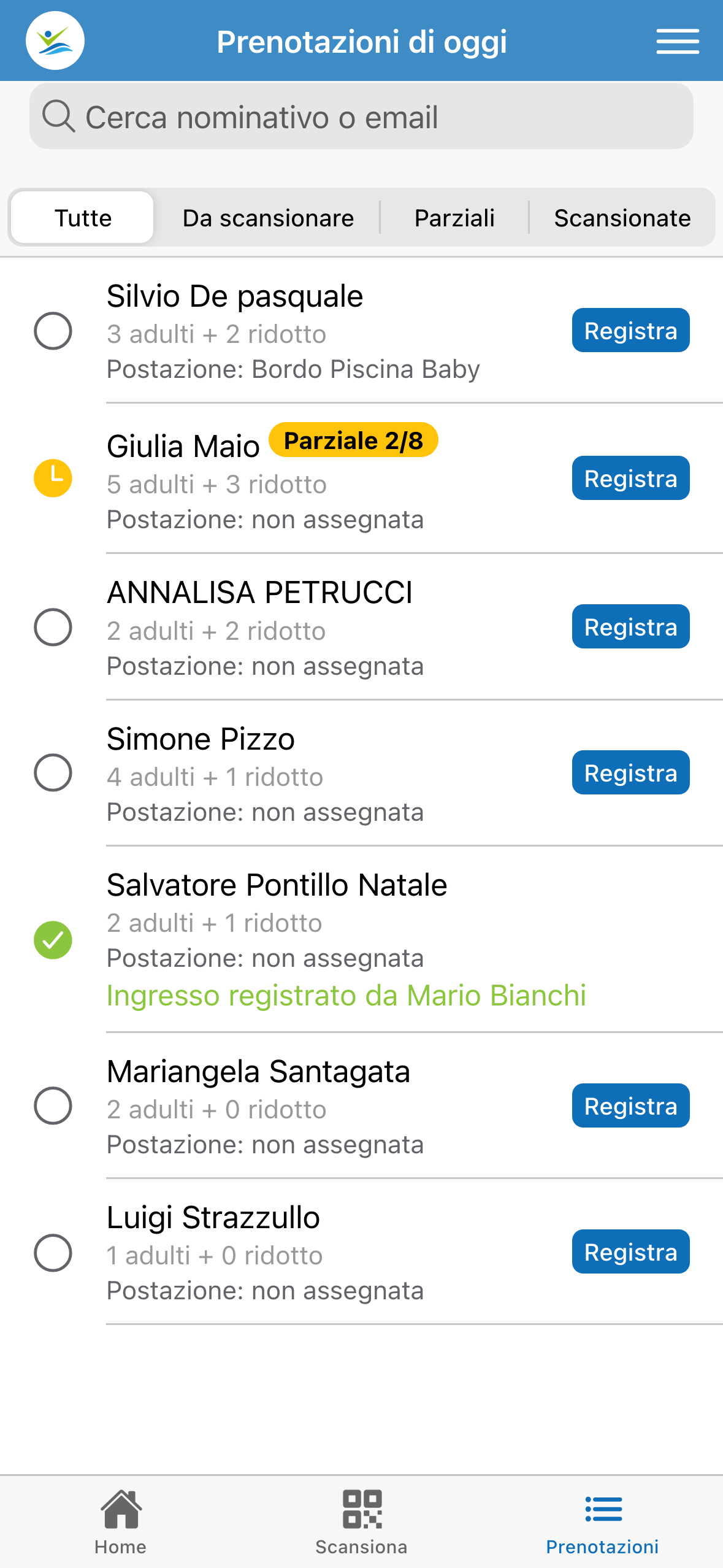 Elenco delle prenotazioni del giorno
